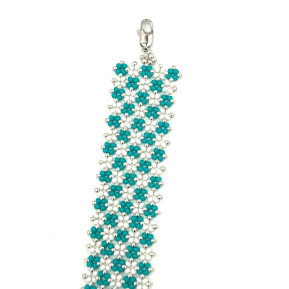 Hand Crafted Beaded Checkerboard Bracelet Aqua White - Picture 7 of 11